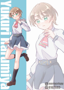 Rule 34 | 1girl, black skirt, black socks, blue background, blush, brown hair, brown shoes, character name, commentary request, full body, green eyes, harumiya yukuri, highres, ikizulive! love live! bluebird, leg up, loafers, long sleeves, looking at viewer, love high school uniform, love live!, miniskirt, nagatsuki chihoru, neckerchief, open mouth, pink neckerchief, pixiv id, pixiv logo, school uniform, shirt, shirt tucked in, shoes, short hair, skirt, socks, solo, standing, standing on one leg, twitter username, twitter x logo, white shirt, zoom layer