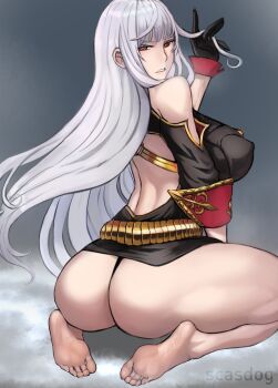 1girl ass barefoot feet highres long_hair looking_at_viewer looking_back parted_lips red_eyes scathegrapes selvaria_bles senjou_no_valkyria_(series) soles toes white_hair