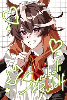 1girl animal_ears apron artist_name black_dress blush bow brown_hair commentary crown dress earrings hair_between_eyes heart horse_ears horse_girl jewelry long_hair long_sleeves looking_at_viewer maid maid_apron maid_headdress multicolored_hair open_mouth osamapublishing purple_eyes red_bow single_earring smile streaked_hair symbol-only_commentary symboli_rudolf_(umamusume) umamusume upper_body white_apron white_hair white_headdress