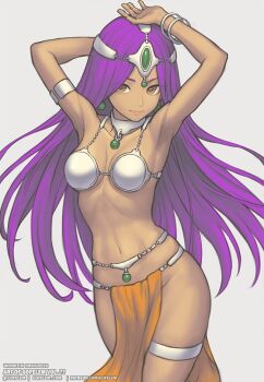 Rule 34 | 1girl, armlet, armor, armpits, arms behind head, arms up, belly chain, bikini armor, bracelet, breasts, brown eyes, circlet, cleavage, cowboy shot, dark-skinned female, dark skin, dragon quest, dragon quest iv, forehead jewel, gem, gofelem, green gemstone, jewelry, loincloth, long hair, looking at viewer, manya (dq4), medium breasts, metal bikini, metal bra, navel, neck ring, orange loincloth, pelvic curtain, pink lips, purple hair, silver circlet, smile, solo, thighlet