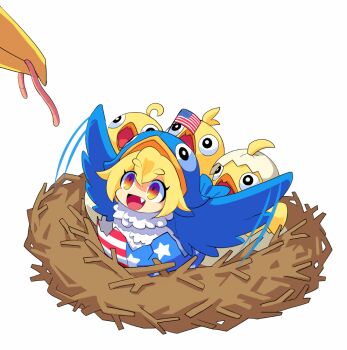 1girl american_flag american_flag_print animated animated_gif bird bird_nest blonde_hair chibi clownpiece fang flag_print open_mouth ranka_(tonbo) red_eyes short_hair solo thick_eyebrows touhou worm