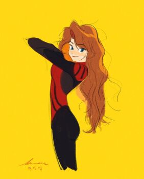 1girl aged_up arms_up ass blue_eyes bodysuit commentary dated freckles light_smile long_hair looking_at_viewer marvel mayday_parker orange_hair signature simple_background solo spider-man:_across_the_spider-verse spider-man_(series) spider-verse spiderbbac superhero_costume thighs wavy_hair yellow_background