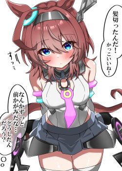 Rule 34 | 1girl, ahoge, alternate hairstyle, animal ears, bare shoulders, blue eyes, blush, breasts, brown hair, closed mouth, commentary request, detached sleeves, grey hairband, grey leotard, grey skirt, grey sleeves, hair between eyes, hairband, highleg, highleg leotard, highres, horse ears, horse girl, horse tail, large breasts, leotard, looking at viewer, lowleg, lowleg skirt, medium hair, mihono bourbon (mb-19890425) (umamusume), mihono bourbon (umamusume), necktie, pink necktie, shikimiya life, silver hairband, skirt, solo, speech bubble, tail, thighhighs, thighs, translation request, umamusume, white leotard, white thighhighs, wolf cut, zettai ryouiki