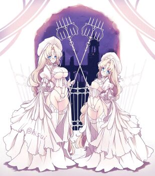 Rule 34 | 2girls, balcony, blonde hair, blue eyes, breasts, candelabra, candlestand, cleavage, cleavage cutout, closed mouth, clothing cutout, commentary request, dress, fence, flat chest, from side, full body, glasses, highres, hisui (syarute), holding, large breasts, long hair, multiple girls, night, original, pince-nez, round eyewear, sideboob, smile, thighhighs, white dress, white thighhighs