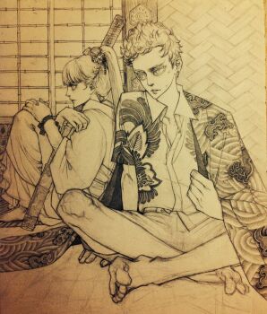 Rule 34 | 1boy, 1girl, barefoot, blonde hair, collared shirt, crossed legs, delinquent, donquixote doflamingo, earrings, english text, floral print, flower, hair flower, hair ornament, highres, holding, holding sword, holding weapon, indoors, japanese clothes, jewelry, kimono, long hair, looking at another, monochrome, oc x canon, one piece, ponytail, print kimono, profile, shirt, short hair, shorts, sitting, sword, traditional media, tutugui, weapon, white kimono, white shirt, wooden sword