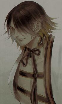 1boy black_hair black_ribbon character_request closed_mouth collarbone commentary_request grey_background hair_over_one_eye ichino_(1no) light_smile male_focus neck_ribbon ribbon short_hair solo touken_ranbu upper_body