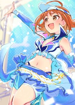 1girl antenna_hair arm_up armpits artist_request bare_shoulders belly_chain bike_shorts blue_footwear blue_headwear blue_shirt blue_shorts blue_thong boots breasts cleavage collared_shirt day detached_sleeves eyebrows female_focus frilled_shirt frilled_skirt frills happy highres idol idolmaster idolmaster_cinderella_girls jewelry legs looking_away medium_breasts midriff namco navel neck nishijima_kai open_mouth orange_hair outdoors performance shiny_skin shirt short_hair shorts shorts_under_skirt sidelocks skirt sleeveless sleeveless_shirt stage standing standing_on_one_leg thighs thong visor_cap yellow_eyes