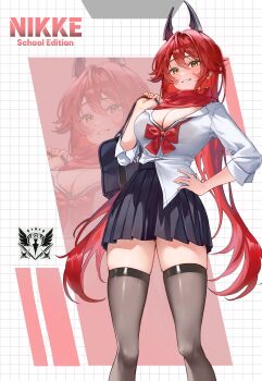 1girl alternate_costume bag black_skirt black_thighhighs breasts cela_(akeeeeee675) cleavage copyright_name goddess_of_victory:_nikke highres holding holding_bag horns large_breasts long_hair looking_at_viewer mechanical_horns red_hair red_hood_(nikke) red_scarf scarf school_bag school_uniform shirt skirt smile solo thighhighs thighs very_long_hair white_shirt yellow_eyes zettai_ryouiki zoom_layer