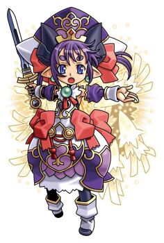 Rule 34 | 1girl, black dress, black horns, black pantyhose, blue eyes, bow, detached sleeves, dress, feathered wings, gem, gold trim, green gem, hair bow, harakawa mitsuhiro, hat, holding, holding sword, holding weapon, horns, light particles, multicolored dress, multicolored hat, multiple wings, official art, open mouth, outstretched arms, pantyhose, pink bow, pointy ears, purple dress, purple hair, purple hat, san morte (shinrabanshou), shinrabanshou, shoes, short hair, solo, spread arms, sword, thick eyebrows, third-party source, transparent background, twintails, weapon, white dress, white hat, white shoes, wings