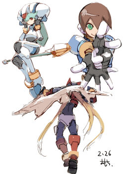 1boy 2girls absurdres aile_(mega_man_zx) armor blonde_hair blue_jacket brown_hair cowboy_shot cropped_jacket dated forehead_jewel full_body green_eyes green_hair helmet highres jacket long_hair mega_man_(series) mega_man_zero_(series) mega_man_zx model_w_(mega_man) multiple_girls multiple_views omochi_(mochi_skymega) pandora_(mega_man) red_armor red_eyes red_helmet simple_background sketch staff_riding white_armor white_background white_helmet zero(z)_(mega_man) zero_(mega_man)