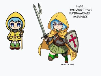 blue_eyes blue_hair cross crusader hood jubilee_2025 looking_at_viewer luce_(jubilee_2025) shield sword weapon