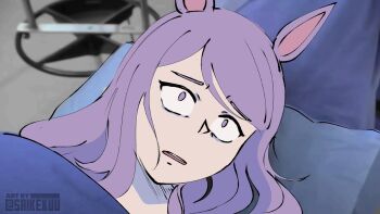 1girl animal_ears artist_name commentary english_commentary horse_ears horse_girl hospital long_hair looking_at_another mejiro_mcqueen_(umamusume) open_mouth operating_table parted_bangs photo_background pillow purple_eyes purple_hair saikekuu sanpaku scared surgery table umamusume watermark