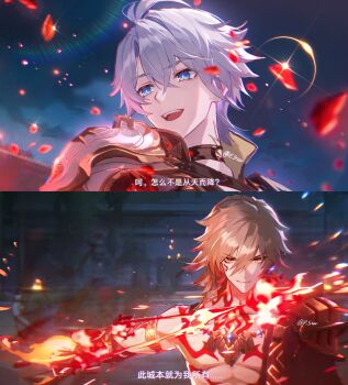 2boys absurdres antenna_hair arm_tattoo armlet armor black_choker black_coat black_shirt blonde_hair blue_eyes braid chest_tattoo chinese_text choker clawed_gauntlets coat commentary crystal earrings english_commentary facial_tattoo gold_earrings gold_necklace gradient_hair highres honkai:_star_rail honkai_(series) jewelry male_focus medium_hair multicolored_hair multiple_boys mydei_(honkai:_star_rail) neck_tattoo necklace open_clothes open_coat ourkeys118838 parted_bangs pauldrons phainon_(honkai:_star_rail) red_hair red_tattoo shirt short_hair shoulder_armor side_braid single_pauldron sun_symbol sun_tattoo tan tattoo toned toned_male translation_request white_hair yellow_eyes