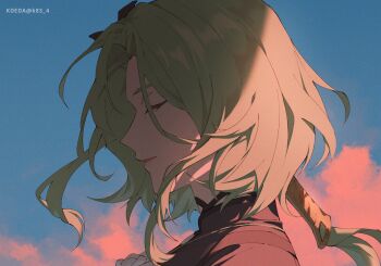 1girl artist_name black_dress boutonniere closed_eyes cloud commentary_request dress evening flower green_hair highres isolde_(zenless_zone_zero) koeda_(k83_4) long_hair mole mole_under_eye open_mouth outdoors portrait shadow solo turtleneck turtleneck_dress twitter_username white_flower zenless_zone_zero