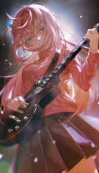 Rule 34 | 1girl, absurdres, artist name, black skirt, blue eyes, blush, bocchi the rock!, breasts, commentary request, crossed bangs, cube hair ornament, dated, electric guitar, from below, gibson les paul, gotoh hitori, gradient background, guitar, guitar strap, hair between eyes, hair intakes, hair ornament, hair over shoulder, half-closed eyes, head tilt, highres, holding, holding instrument, instrument, jacket, large breasts, long hair, looking at viewer, messy hair, music, night, night sky, o 28 otsuha, parted lips, pink hair, pink jacket, pink track suit, playing instrument, pleated skirt, sidelocks, skirt, sky, smile, solo, sweat, sweatdrop, tears, teeth, thighs, track jacket, twitter username, very long hair