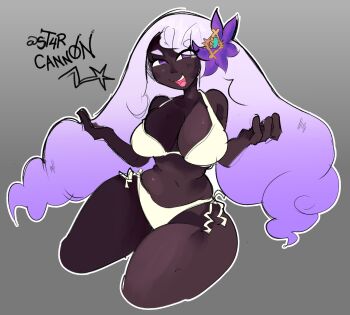 1girl alternate_breast_size_(larger) artist_request belly bikini blush breasts cleavage cowboy_shot curvy dark-skinned_female dark_skin hair_ornament hand_up highres jacinthe_(pokemon) large_breasts lips long_hair looking_at_viewer low_drills navel nintendo open_mouth pokemon pokemon_legends:_z-a purple_eyes purple_hair shiny_skin side-tie_bikini_bottom simple_background smile solo swimsuit teeth thong thong_bikini very_dark_skin very_long_hair white_bikini wide_hips