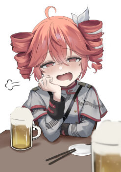 1girl absurdres ahoge alcohol beer beer_mug blush bow commentary cup drill_hair drooling drunk grey_jacket hair_between_eyes hair_bow hand_on_own_cheek hand_on_own_face highres jacket kasane_teto kasane_teto_(sv) long_sleeves looking_at_viewer mouth_drool mug open_mouth puff_of_air red_eyes red_hair solo synthesizer_v table tottemodekai twin_drills upper_body utau white_background white_bow