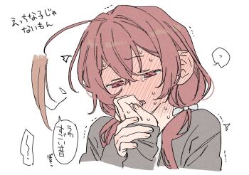 2girls blonde_hair blush bow commentary_request cropped_torso dayama fingernails fuwa_aya hair_between_eyes hair_bow half-closed_eyes hands_up long_sleeves lower_teeth_only multiple_girls onna_doushi_toka_arienai_desho_to_iiharu_onnanoko_wo_hyakunichikan_de_tetteiteki_ni_otosu_yuri_no_ohanashi out_of_frame parted_lips red_eyes red_hair sakakibara_marika simple_background speech_bubble tearing_up teeth translation_request upper_body white_background white_bow