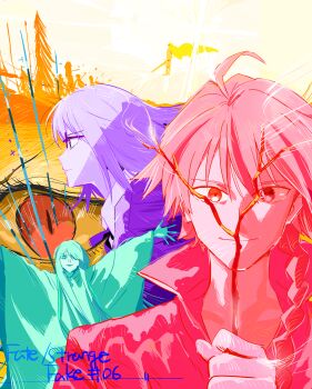 Rule 34 | 1girl, 1other, 2boys, absurdres, ahoge, braid, braided ponytail, commentary request, enkidu (fate), episode number, fate/strange fake, fate (series), gilgamesh (fate), glasses, highres, holding, holding stick, jacket, kerorira, long hair, medium hair, multiple boys, richard i (fate), robe, sajou ayaka (fate/strange fake), second-party source, single braid, smile, stick