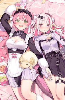 Rule 34 | 2girls, blush, breasts, chinese clothes, choker, commentary request, dress, frilled shirt collar, frills, green eyes, gun, highres, holding, holding gun, holding weapon, jirai kei, long hair, looking at viewer, lying, maid, medium breasts, multicolored hair, multiple girls, on back, on bed, original, pillow, pink eyes, pink hair, qi maid, skirt, small breasts, smile, stuffed animal, stuffed sheep, stuffed toy, thigh strap, two-tone hair, wantan meo, weapon, white hair