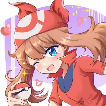 1girl ;d bandana blue_eyes blush brown_hair commentary foggy0704 heart highres holding holding_poke_ball looking_at_viewer may_(pokemon) nintendo one_eye_closed open_mouth poke_ball poke_ball_(basic) pokemon pokemon_(anime) pokemon_rse_(anime) red_bandana red_shirt shirt short_hair short_sleeves smile solo symbol-only_commentary twitter_username upper_body