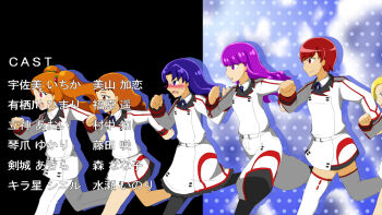 2010s 2011 2017 6+girls arisugawa_himari blonde_hair blue_eyes blue_hair boots cosplay hurry_up_mode infinite_stratos infinite_stratos_academy_school_uniform kenjou_akira kirahoshi_ciel kirakira_precure_a_la_mode kotozume_yukari magical_girl mahoushoujo minagawa_junko minase_inori orange_eyes orange_hair orimura_ichika parody parody_sticker pink_eyes pink_hair precure red_eyes red_hair running school_uniform tategami_aoi tired_eyes usami_ichika