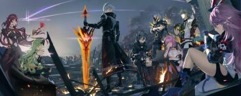 3boys 5girls absurdres alcohol animal_ears back black_boots black_coat black_gloves black_hair black_jacket blue_boots blue_eyes blue_gloves boots campfire city closed_eyes closed_mouth coat comet crossed_arms cup dress drinking_glass eden_(honkai_impact) elf elysia_(honkai_impact) elysia_(miss_pink_elf)_(honkai_impact) fire flaming_sword flaming_weapon fox_ears fu_hua fu_hua_(shadow_knight) gloves green_eyes grey_sky hair_between_eyes hair_ornament hand_on_own_cheek hand_on_own_face headpiece highres holding holding_cup holding_sword holding_weapon honkai_(series) honkai_impact_3rd jacket kalpas_(honkai_impact) katana kevin_kaslana long_hair long_sleeves looking_at_viewer looking_back mask mobius_(honkai_impact) multiple_boys multiple_girls outdoors pink_hair pointy_ears ponytail purple_eyes purple_hair short_hair short_sleeves single_glove single_thighhigh sitting skavenprime sky smoke standing su_(honkai_impact) sword thigh_boots thighhighs weapon white_hair wine wine_glass yae_sakura yae_sakura_(goushinnso_memento)