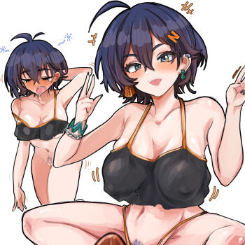 1girl ahoge armpits arms_up belle_(zenless_zone_zero) black_bra black_nails blue_hair blue_pubic_hair blush bra bracelet breasts cleft_of_venus colored_pubic_hair earrings female_pubic_hair green_eyes hair_ornament highres jewelry letter_hair_ornament looking_at_viewer navel nipples open_mouth pubic_hair pussy saliva shiming_liangjing sitting sleepy solo stomach underwear walking white_background zenless_zone_zero