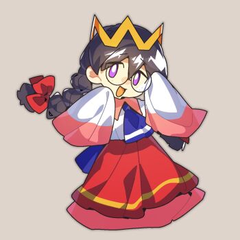 Rule 34 | 0tamt0, 1girl, black hair, bow, braid, crown, freckles, glasses, grey background, hair bow, highres, kirby (series), kirby 64, long hair, long skirt, looking at viewer, low twin braids, nintendo, open mouth, purple eyes, red bow, ripple star queen, simple background, skirt, smile, twin braids