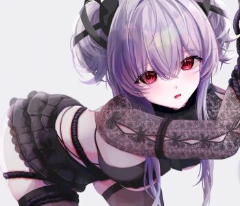 1girl bent_over black_bow black_skirt black_thighhighs blush bow breasts commentary cowboy_shot crossed_bangs frilled_skirt frills goddess_of_victory:_nikke hair_between_eyes hair_bow highres lace lace_sleeves liberalio_(dreaming_lake)_(nikke) liberalio_(nikke) long_sidelocks looking_at_viewer medium_breasts official_alternate_costume open_mouth rabbiiy red_eyes rope short_hair_with_long_locks sideboob sidelocks simple_background skirt solo standing tearing_up thighhighs two_side_up very_long_sidelocks white_background