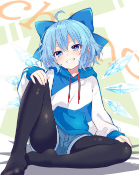 1girl alternate_costume black_pantyhose blue_bow blue_eyes blue_hair blue_hoodie blue_shorts blush bow check_commentary cirno commentary commentary_request contemporary denim detached_wings grin hair_bow highres hood hoodie ice ice_wings jeans long_sleeves looking_at_viewer pants pantyhose shorts sitting smile solo tanaka_shoushou_fumimaro touhou two-tone_hoodie white_hoodie wings