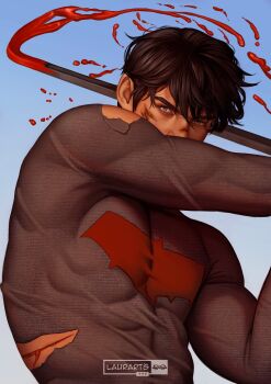1boy absurdres bat_signal batman_(series) batman_symbol black_hair blood bloody_weapon blue_eyes bodysuit crowbar dc_comics grey_bodysuit highres holding holding_crowbar jason_todd laurarts_23 male_focus multicolored_bodysuit muscular muscular_male red_hood_(dc) red_hood_and_the_outlaws short_hair superhero_costume taut_bodysuit two-tone_bodysuit weapon western_comics_(style)