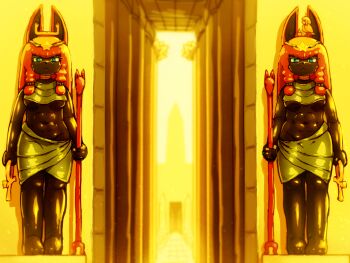 2girls alternate_costume ancient_egyptian ancient_egyptian_clothes animal_ears ankh anubis_(mythology) black_skin blue_eyes braid breast_curtain breasts clone closed_mouth colored_skin commentary_request egyptian_mythology expressionless full_body furrification furry furry_female grey_skirt hair_ornament hallway holding holding_staff hong_meiling jackal_ears jackal_girl long_hair looking_at_viewer medium_breasts multiple_girls navel orange_hair shirosato skirt staff standing star_(symbol) star_hair_ornament touhou twin_braids underboob