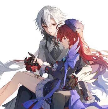 2girls absurdres ahoge arlecchino_(genshin_impact) artist_self-insert bare_legs black_gloves black_pants blue_dress blue_eyes blue_feathers closed_mouth collared_jacket commentary commission commissioner_insert couple dress english_commentary feathers fingernails formal_clothes frilled_dress frilled_sleeves frills from_side gem genshin_impact gloves gradient_hair grey_hair grey_jacket grey_suit grey_vest hair_between_eyes hair_flowing_over hand_on_another's_hand hand_up hat head_tilt highres huge_ahoge inaterayukiha jacket jewelry leaning_back long_hair long_sleeves looking_at_another looking_down looking_to_the_side low_ponytail mixed-language_commentary multicolored_hair multiple_girls oc_x_canon original pants ponytail red_eyes red_gemstone red_hair shade sharp_fingernails short_dress simple_background single_glove sitting sitting_on_person streaked_hair suit suit_jacket thighlet thighs vest vision_(genshin_impact) wavy_hair white_background wide_sleeves yuri