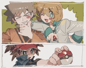 1girl 2boys ;d blue_jacket blush_stickers bright_pupils brock_(pokemon) brown_hair closed_eyes green_background green_eyes grin hand_on_own_chin hand_on_own_hip holding holding_poke_ball jacket long_sleeves male_focus misty_(pokemon) multiple_boys nate_(pokemon) nintendo one_eye_closed open_mouth orange_hair orange_shirt poke_ball poke_ball_(basic) pokemon pokemon_bw2 pokemon_hgss popped_collar shirt short_hair short_sleeves smile spiked_hair stroking_own_chin teeth visor_cap white_jacket white_pupils