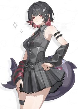 Rule 34 | 1girl, alternate costume, black dress, black hair, breasts, commentary, dress, earrings, ellen joe, fins, fish tail, highres, jewelry, medium breasts, multicolored hair, red eyes, red hair, shark girl, shark tail, short hair, simple background, solo, suwa (swk kkk), tail, thighs, two-tone hair, untranslatable commentary, white background, zenless zone zero
