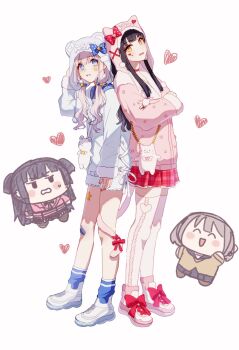 animal_ear_headwear animal_ears bandaid bandaid_on_leg black_hair cardigan cat_tail chibi chibi_inset crossed_arms facepaint fake_animal_ears fingernails full_body fur-trimmed_cardigan fur_trim grey_hair heart highres hood hooded_jacket idolmaster idolmaster_shiny_colors jacket looking_at_viewer looking_to_the_side mayuzumi_fuyuko p4z56 plaid_clothes plaid_skirt pleated_skirt red_skirt serizawa_asahi shoes skirt sneakers star_(symbol) star_sticker sticker tail tail_around_another&#039;s_leg tail_wrap thighhighs twintails white_thighhighs y2k_fashion