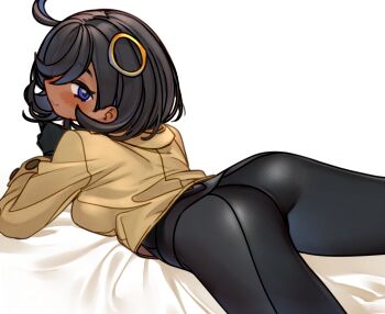 1girl :3 ass bed_sheet black_bodysuit black_hair blue_eyes blush bodysuit breasts brown_jacket cropped_jacket dark-skinned_female dark_skin emma_(pokemon) hair_ornament highres jacket kochiya_(gothope) looking_at_viewer looking_back lying nintendo on_stomach pokemon pokemon_legends:_z-a short_hair simple_background small_breasts smile thighs