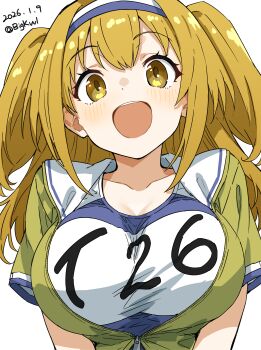 1girl :d absurdres bigkwl blonde_hair blue_one-piece_swimsuit blush breasts brown_eyes collarbone commentary dated dated_commentary dot_nose green_shirt hairband highres i-26_(kancolle) kantai_collection large_breasts long_hair looking_at_viewer name_tag one-hour_drawing_challenge one-piece_swimsuit open_clothes open_mouth open_shirt school_swimsuit shirt short_sleeves simple_background smile solo swimsuit swimsuit_under_clothes twitter_username two_side_up upper_body white_background white_hairband
