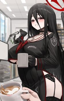 1boy 1girl ^^^ absurdres black_choker black_gloves black_hair black_serafuku black_shirt black_skirt black_thighhighs black_wings blue_archive blurry blurry_background blush book breasts cappuccino ceiling_light choker coffee_mug collarbone commentary_request cowboy_shot crop_top crop_top_overhang cup day desk_lamp drinking_glass garter_belt gloves grin hair_between_eyes half_gloves halo hands_up hasumi_(blue_archive) heart hetero high-waist_skirt highres holding holding_cup indoors lamp large_breasts latte_art lipstick_mark lipstick_mark_on_cup long_bangs long_hair long_sleeves looking_at_viewer mole mole_under_eye monitor mug neckerchief paper_stack parted_lips pleated_skirt pov pov_hands red_eyes red_halo red_neckerchief sailor_collar school_uniform se_tu_(55559229) serafuku shelf shirt side_slit skirt smile solo_focus standing thighhighs underboob very_long_hair white_sailor_collar window wings