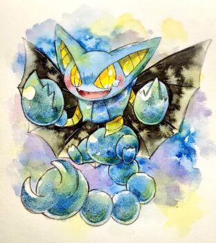 Rule 34 | alternate color, blush, colored sclera, full body, gen 4 pokemon, gliscor, looking at viewer, nintendo, no humans, non (kumakawayusu), open mouth, painting (medium), pokemon, pokemon (creature), sharp teeth, shiny pokemon, solo, tears, teeth, traditional media, watercolor (medium), yellow eyes, yellow sclera