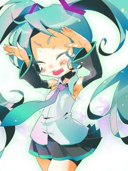Rule 34 | 1girl, ^ ^, aqua hair, arms up, blue hair, caramelldansen, closed eyes, dancing, detached sleeves, hair between eyes, hatsune miku, long hair, mimiko (amama), necktie, open mouth, shirt, simple background, skirt, sleeveless, smile, solo, thighhighs, twintails, very long hair, vocaloid