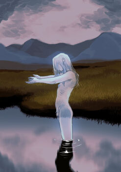 1boy blue_nipples colored_nipples colored_skin completely_nude fingernails flaccid girly_boy grass gynecomastia highres lachlann_(sframboob) long_hair male_pubic_hair monster_boy nixie_(mythology) nude original outdoors partially_submerged penis pubic_hair reaching ribs see-through_body see-through_hair sframboob skinny standing water white_hair white_skin