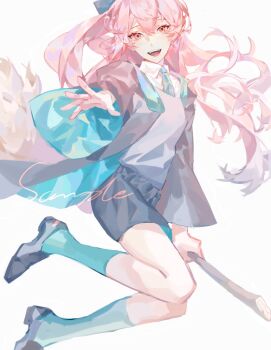 1girl bow broom collared_shirt full_body green_socks hair_between_eyes hair_bow hair_ornament highres kneehighs liulianjingrua long_hair long_sleeves looking_at_viewer open_mouth original pink_hair shirt shorts simple_background smile socks solo white_background white_shirt wide_sleeves