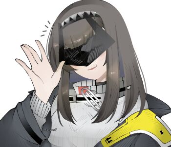 1girl absurdres arknights arknights:_endfield arm_up artist_name black_hairband black_jacket brown_hair cosplay covered_eyes dr.deims_(dim5s) endministrator_(arknights) female_endministrator_(arknights) female_endministrator_(arknights)_(cosplay) grey_sweater hairband highres jacket long_sleeves medium_hair notice_lines parted_lips priestess_(arknights) simple_background smile solo sweater watermark waving white_background