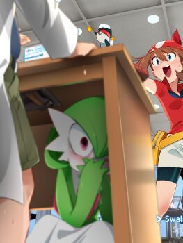 1boy 1girl 1other :d absurdres bad_id bad_twitter_id bandana black_gloves black_shorts blue_eyes blue_shirt blurry blurry_foreground blush brown_hair classroom coat commentary covering_own_mouth ebay english_commentary english_text gardevoir gen_3_pokemon gloves green_shorts highres holding holding_poke_ball implied_after_fellatio indoors khyle. lab_coat lectern long_hair long_sleeves may_(pokemon) nintendo open_mouth outstretched_arm poke_ball poke_ball_(basic) pokemon pokemon_(creature) pokemon_rse professor_birch red_bandana red_eyes red_shirt shirt short_sleeves shorts smile standing sweat white_coat wide-eyed