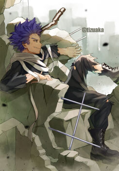 1boy bags_under_eyes black_pants black_shirt blurry blurry_background blurry_foreground boku_no_hero_academia boots cityscape clenched_teeth debris depth_of_field highres male_focus messy_hair pants purple_eyes purple_hair rebar rubble scarf shinso_hitoshi shirt short_hair sitting solo spiked_hair strap teeth tonbanlove torn_clothes twitter_username