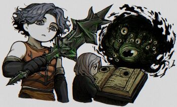 2boys armor bare_shoulders black_eyes black_gloves black_hair black_robe book brown_hair cahara_(fear_&amp;_hunger) closed_mouth commentary cropped_torso crossed_arms crossover elbow_gloves eldritch_abomination enki_(fear_&amp;_hunger) extra_eyes fear_&amp;_hunger_(series) fear_&amp;_hunger_1 gloves grey_background hermaeus_mora holding holding_mace holding_weapon leather_armor long_hair looking_at_another looking_at_object mace multiple_boys open_book parted_lips reading robe short_hair simple_background sm2_hokke the_elder_scrolls the_elder_scrolls_v:_skyrim weapon