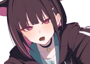 Rule 34 | 1girl, absurdres, animal ears, black choker, blue archive, candy, cat ears, cat girl, chocolate, chocolate heart, choker, collarbone, colored inner hair, commentary, exiadoon, extra ears, food, heart, heart-shaped food, highres, kazusa (blue archive), looking at viewer, mouth hold, multicolored hair, pink eyes, pink hair, school uniform, serafuku, simple background, solo, two-tone hair, valentine, white background