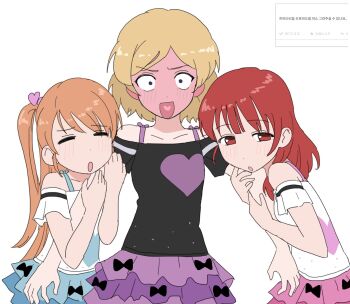 Rule 34 | 3girls, :o, amamiya rizumu, bare shoulders, black shirt, blonde hair, blue skirt, blush, closed eyes, commentary request, constricted pupils, cowboy shot, doppelschwert, dot nose, embarrassed, facing viewer, full-face blush, furrowed brow, hair ornament, half-closed eyes, harune aira, heart, heart hair ornament, heart in mouth, heart print, highres, holding another's arm, korean commentary, korean text, light blush, long hair, looking ahead, multiple girls, no pupils, off-shoulder shirt, off shoulder, orange hair, pink skirt, pretty rhythm, pretty rhythm aurora dream, pretty series, print shirt, purple skirt, red hair, request inset, shirt, short hair, short sleeves, side ponytail, simple background, skirt, standing, straight hair, takamine mion, translation request, v-shaped eyebrows, white background, white shirt